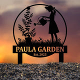 Personalized Garden Name Sign with Girl Watering Plants, Custom Metal Yard Stake, Outdoor Garden Decor Gift for Her or Mom