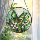 Green Butterfly and Lily of the Valley Stained Glass Suncatcher, Spring Floral Window Hanging Art, Nature Insect Garden Decor