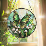 Green Butterfly and Lily of the Valley Stained Glass Suncatcher, Spring Floral Window Hanging Art, Nature Insect Garden Decor