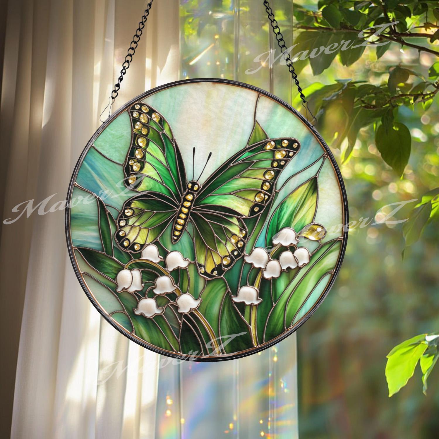 Green Butterfly and Lily of the Valley Stained Glass Suncatcher, Spring Floral Window Hanging Art, Nature Insect Garden Decor