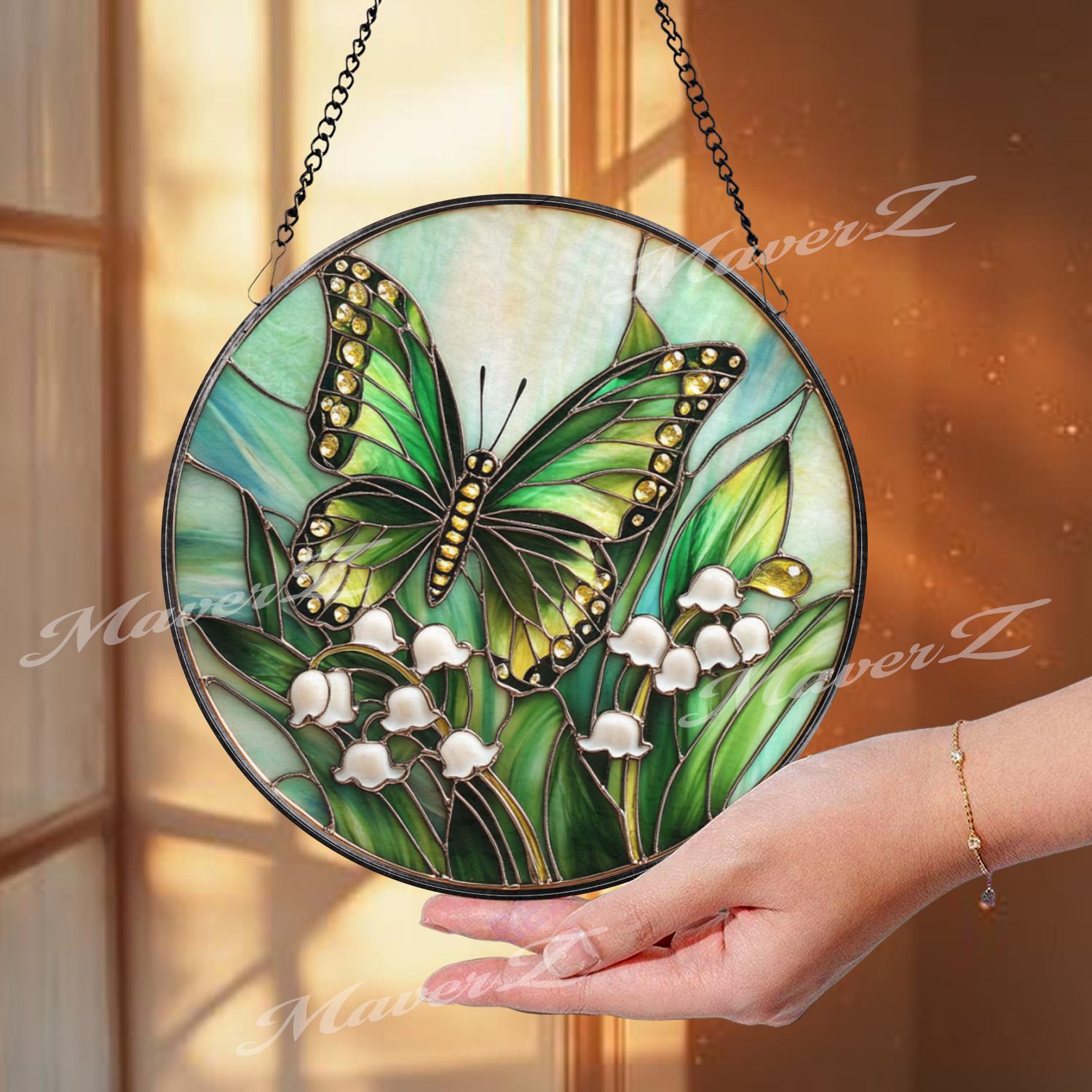 Green Butterfly and Lily of the Valley Stained Glass Suncatcher, Spring Floral Window Hanging Art, Nature Insect Garden Decor