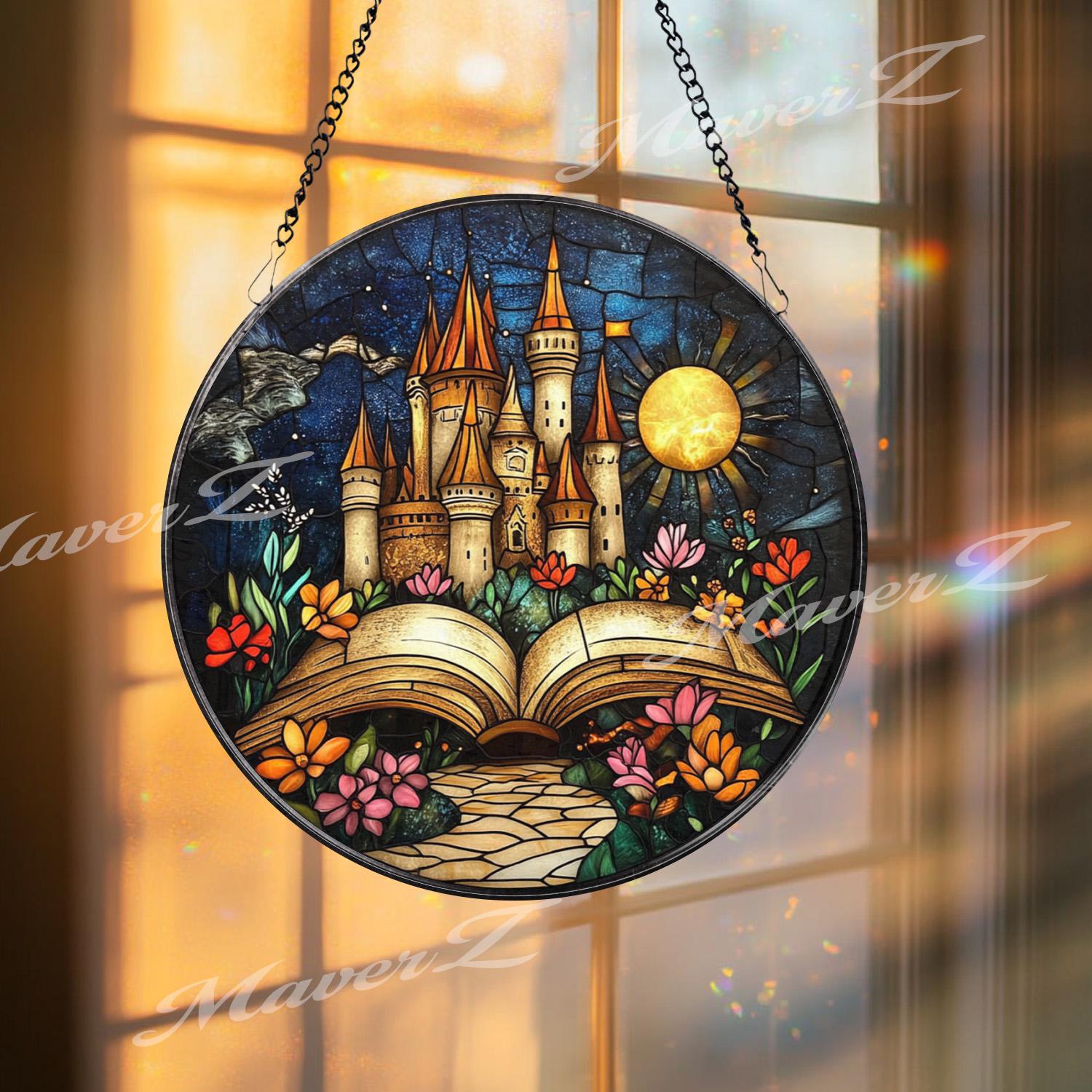 Fairy Tale Castle Stained Glass Suncatcher, Open Book Fantasy Window Hanging, Magical Storybook Art for Dreamers and Book Lovers