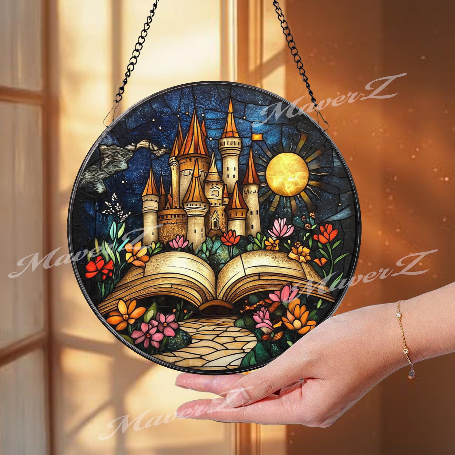 Fairy Tale Castle Stained Glass Suncatcher, Open Book Fantasy Window Hanging, Magical Storybook Art for Dreamers and Book Lovers