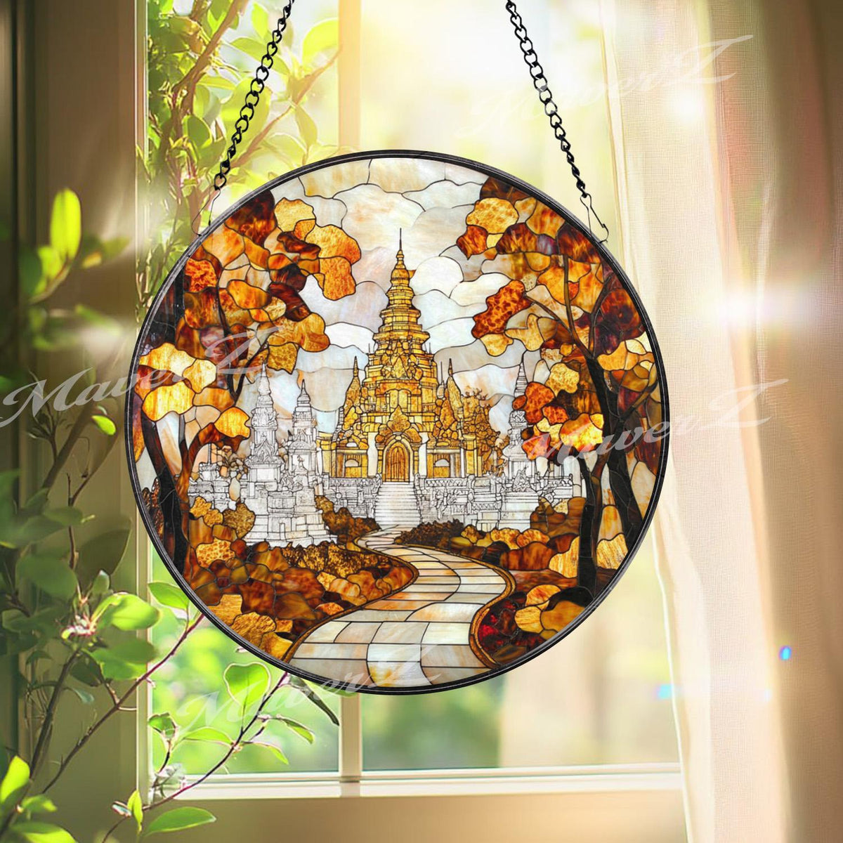 Asian Temple Autumn Stained Glass Suncatcher, Tranquil Pathway Window Hanging Decor, Sacred Nature Art for Zen and Spiritual Interiors