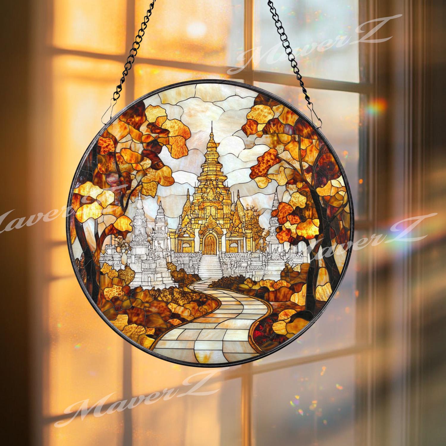 Asian Temple Autumn Stained Glass Suncatcher, Tranquil Pathway Window Hanging Decor, Sacred Nature Art for Zen and Spiritual Interiors