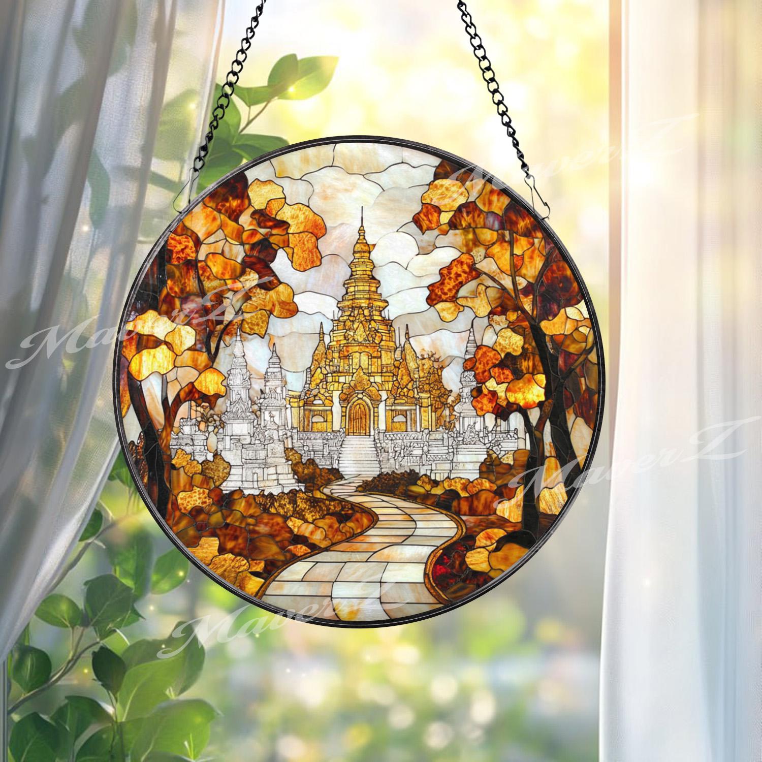 Asian Temple Autumn Stained Glass Suncatcher, Tranquil Pathway Window Hanging Decor, Sacred Nature Art for Zen and Spiritual Interiors