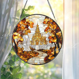 Asian Temple Autumn Stained Glass Suncatcher, Tranquil Pathway Window Hanging Decor, Sacred Nature Art for Zen and Spiritual Interiors
