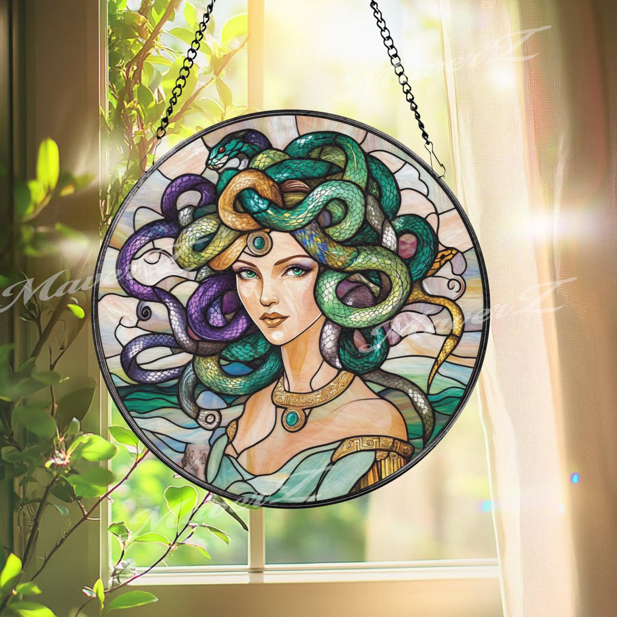 Medusa Stained Glass Suncatcher, Mythical Greek Goddess Window Hanging Decor, Fantasy Art Panel for Mystical and Bold Interior Spaces