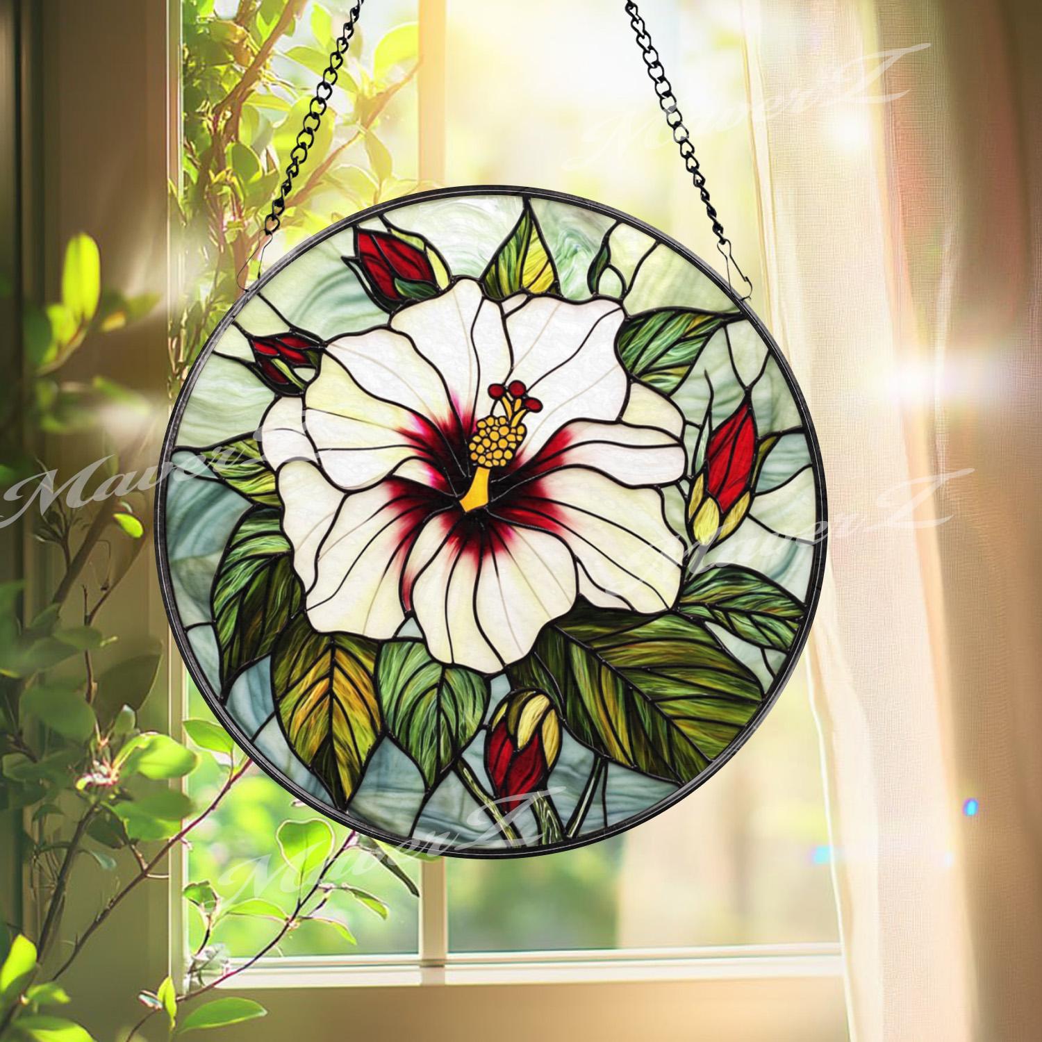 White Hibiscus Stained Glass Suncatcher, Elegant Tropical Flower Window Hanging, Botanical Floral Decor Gift for Garden and Nature Lovers