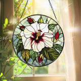 White Hibiscus Stained Glass Suncatcher, Elegant Tropical Flower Window Hanging, Botanical Floral Decor Gift for Garden and Nature Lovers