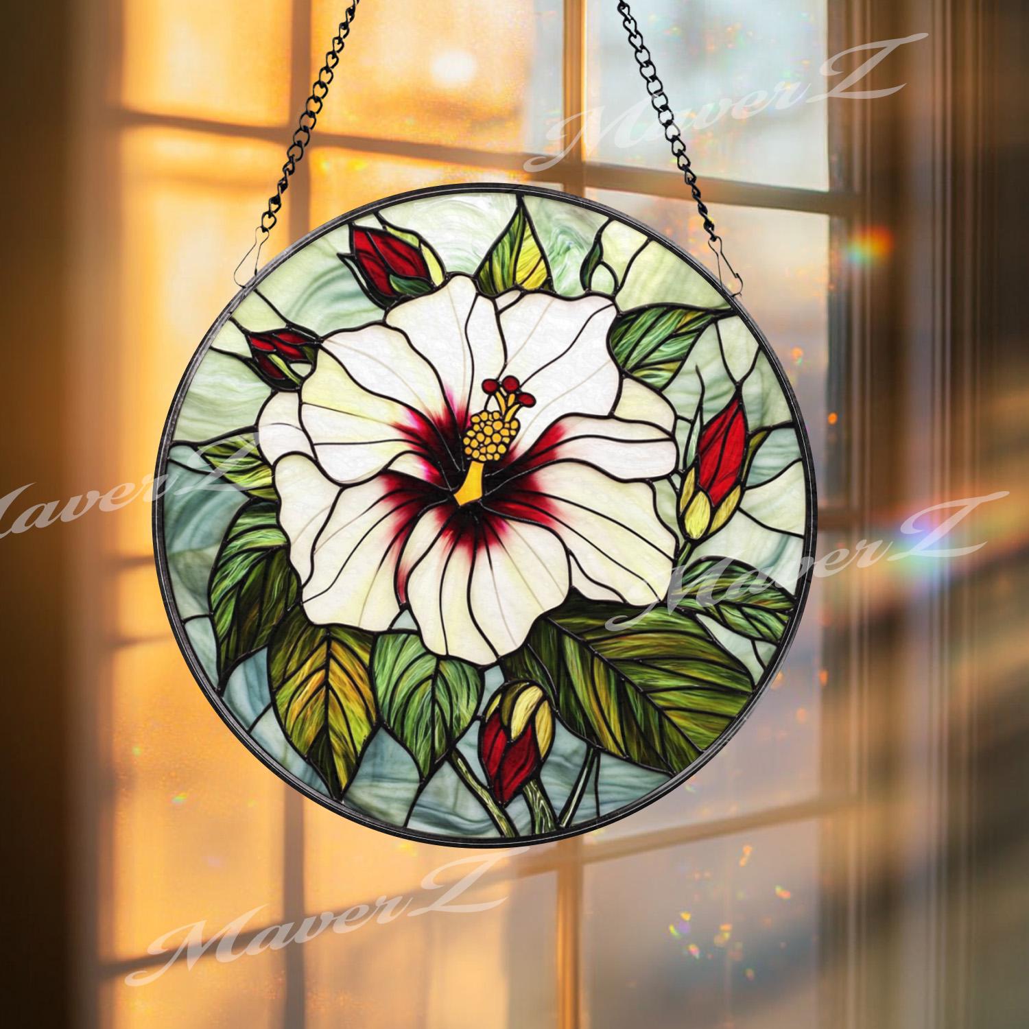 White Hibiscus Stained Glass Suncatcher, Elegant Tropical Flower Window Hanging, Botanical Floral Decor Gift for Garden and Nature Lovers