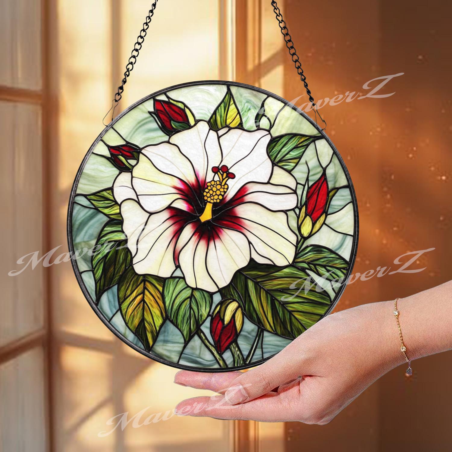 White Hibiscus Stained Glass Suncatcher, Elegant Tropical Flower Window Hanging, Botanical Floral Decor Gift for Garden and Nature Lovers