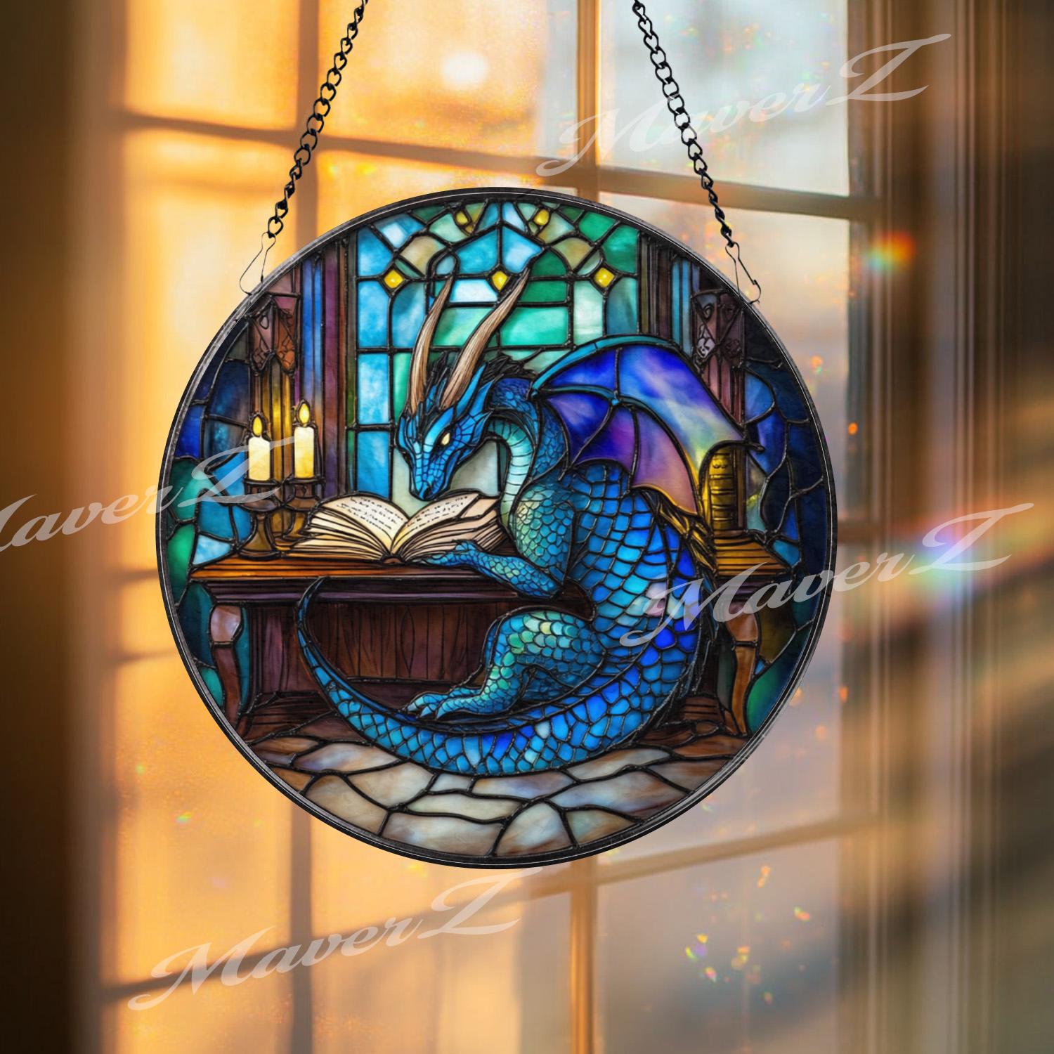 Blue Dragon Reading Book Stained Glass Suncatcher, Fantasy Library Window Art, Magical Creature Decor for Wizards, Readers & RPG Fans