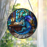Blue Dragon Reading Book Stained Glass Suncatcher, Fantasy Library Window Art, Magical Creature Decor for Wizards, Readers & RPG Fans