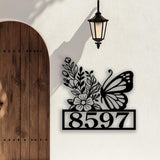 Personalized Butterfly House Number Sign with Floral Design, Custom Metal Address Plaque for Home Exterior, Garden, Porch or Wall Decor