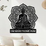 Om Mani Padme Hum Metal Wall Art, Buddha Sitting on Lotus with Mandala Background, Spiritual Home Decor for Meditation or Yoga Room