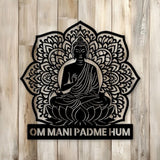 Om Mani Padme Hum Metal Wall Art, Buddha Sitting on Lotus with Mandala Background, Spiritual Home Decor for Meditation or Yoga Room
