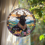Majestic Bull Stained Glass Suncatcher, Floral Highland Window Hanging, Boho Farmhouse Animal Decor Gift for Nature Lovers