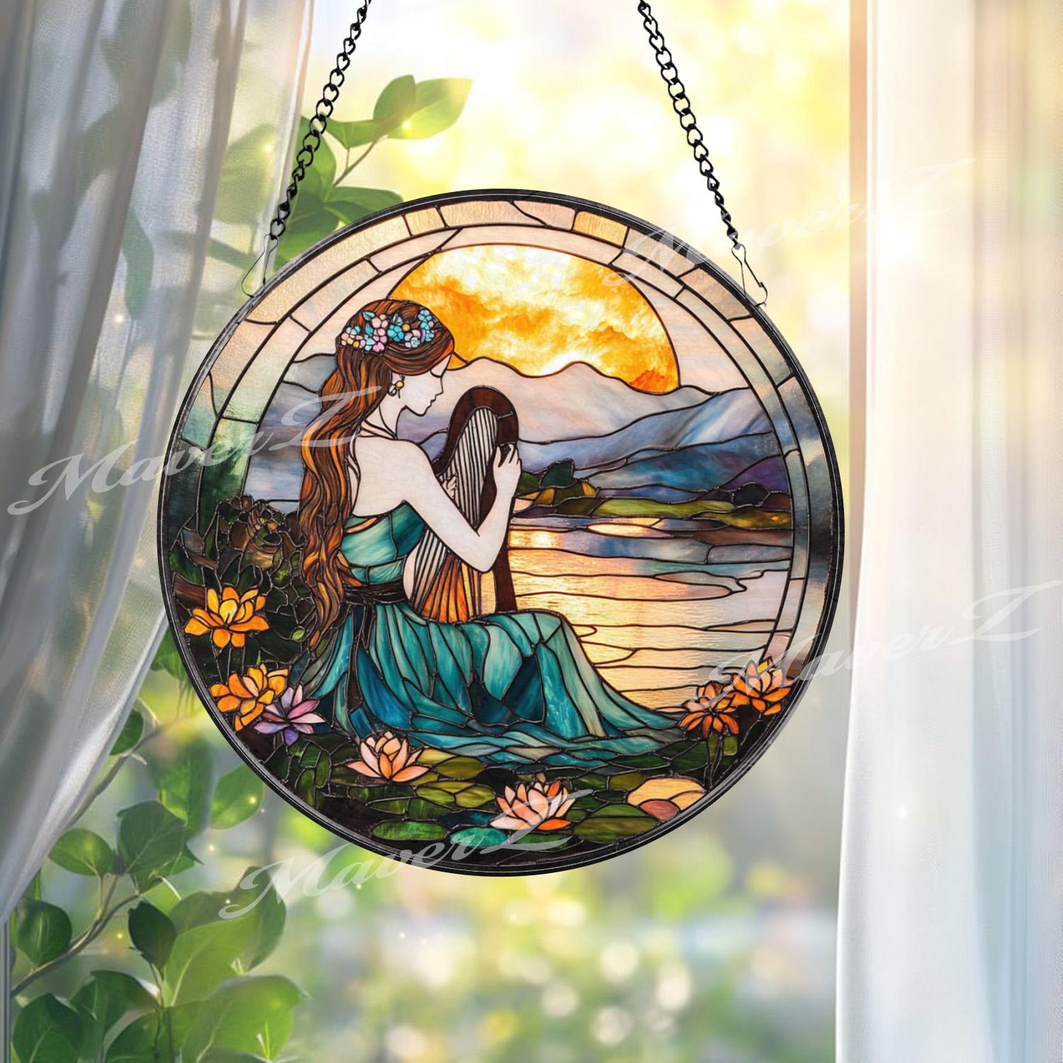 Harp Girl Stained Glass Suncatcher, Sunset Lake Window Hanging, Tranquil Nature Art Gift for Music Lovers and Boho Decor Fans