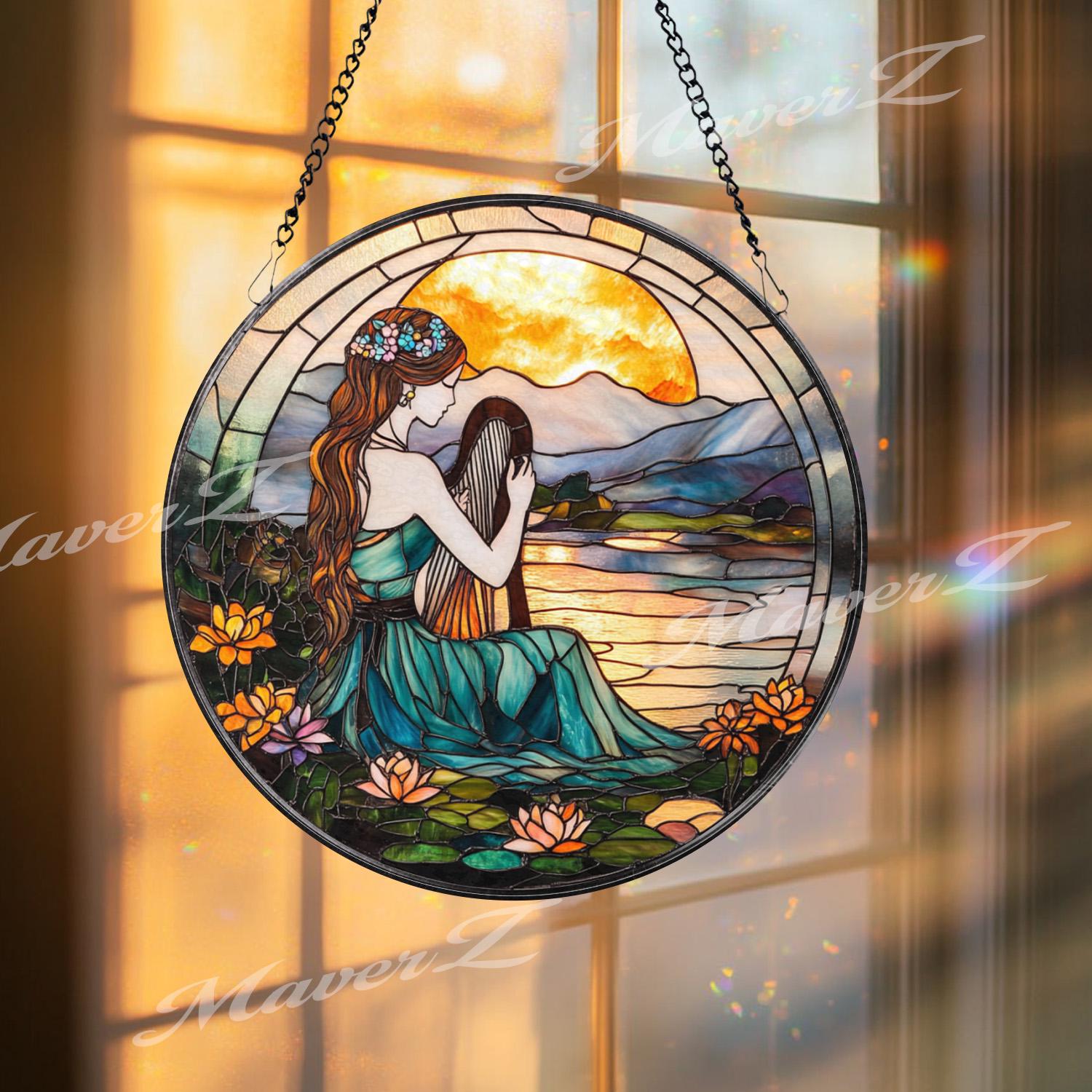 Harp Girl Stained Glass Suncatcher, Sunset Lake Window Hanging, Tranquil Nature Art Gift for Music Lovers and Boho Decor Fans