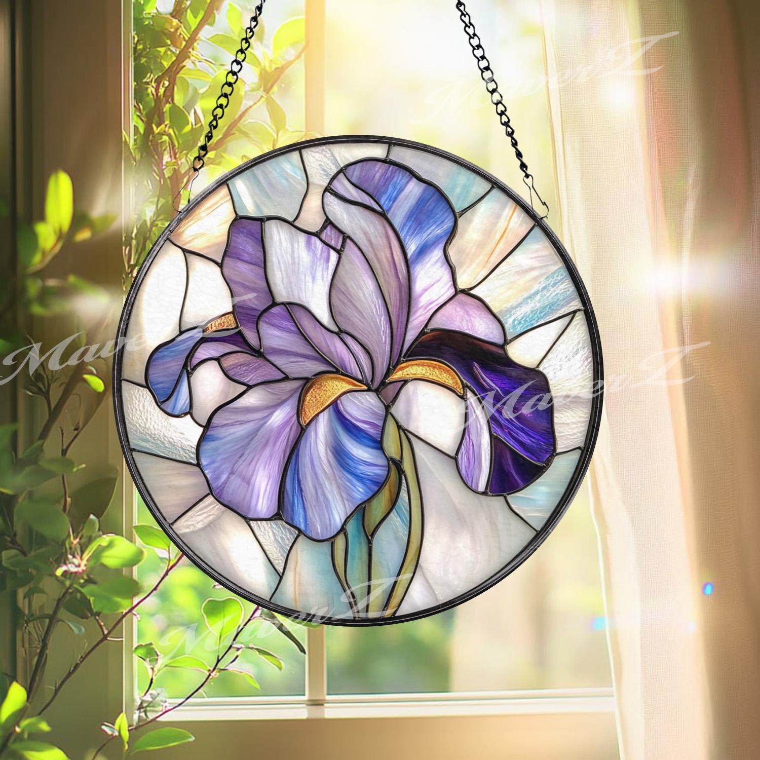 Purple Iris Stained Glass Suncatcher, Handmade Floral Window Hanging with Elegant Petals, Spring Garden Decor Gift for Her or Mom