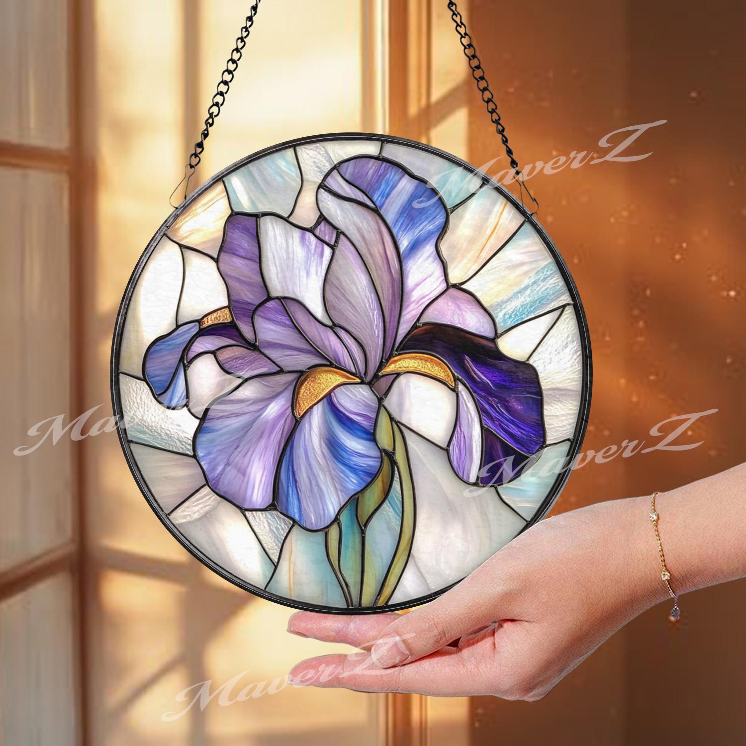 Purple Iris Stained Glass Suncatcher, Handmade Floral Window Hanging with Elegant Petals, Spring Garden Decor Gift for Her or Mom