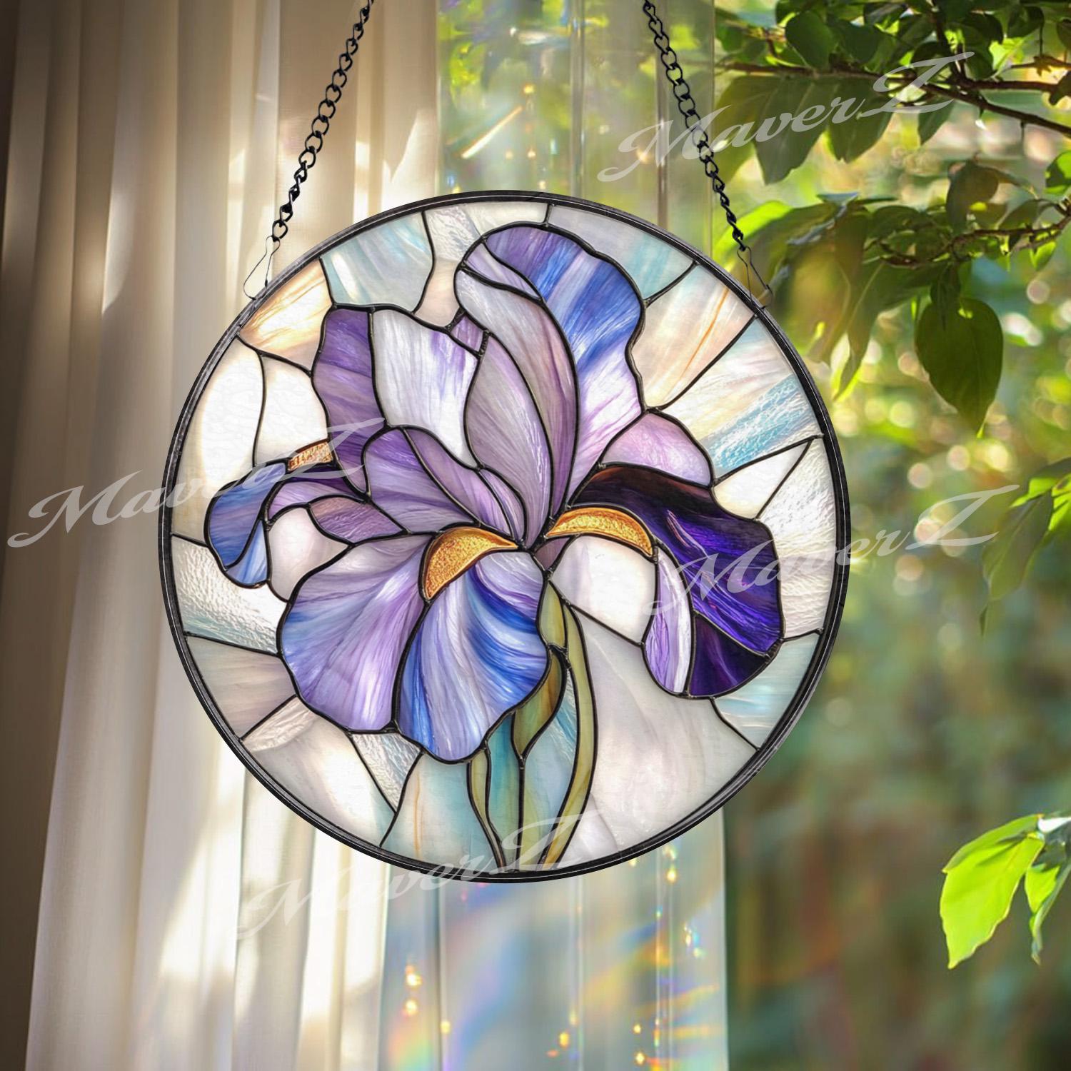 Purple Iris Stained Glass Suncatcher, Handmade Floral Window Hanging with Elegant Petals, Spring Garden Decor Gift for Her or Mom