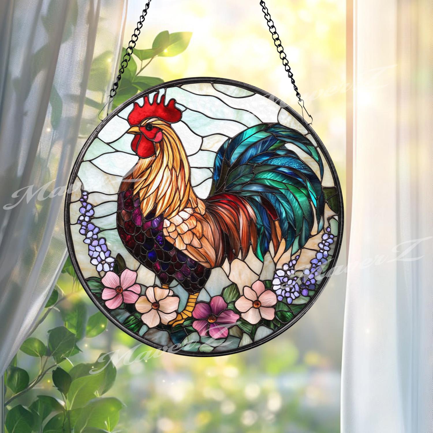 Colorful Rooster Stained Glass Suncatcher with Flowers, Vibrant Farmhouse Window Hanging, Rustic Country Chicken Decor Gift Idea