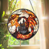 Fiery Dragon Stained Glass Suncatcher with Castle, Gothic Fantasy Window Hanging, Medieval Creature Decor for Dragon Lover Gift