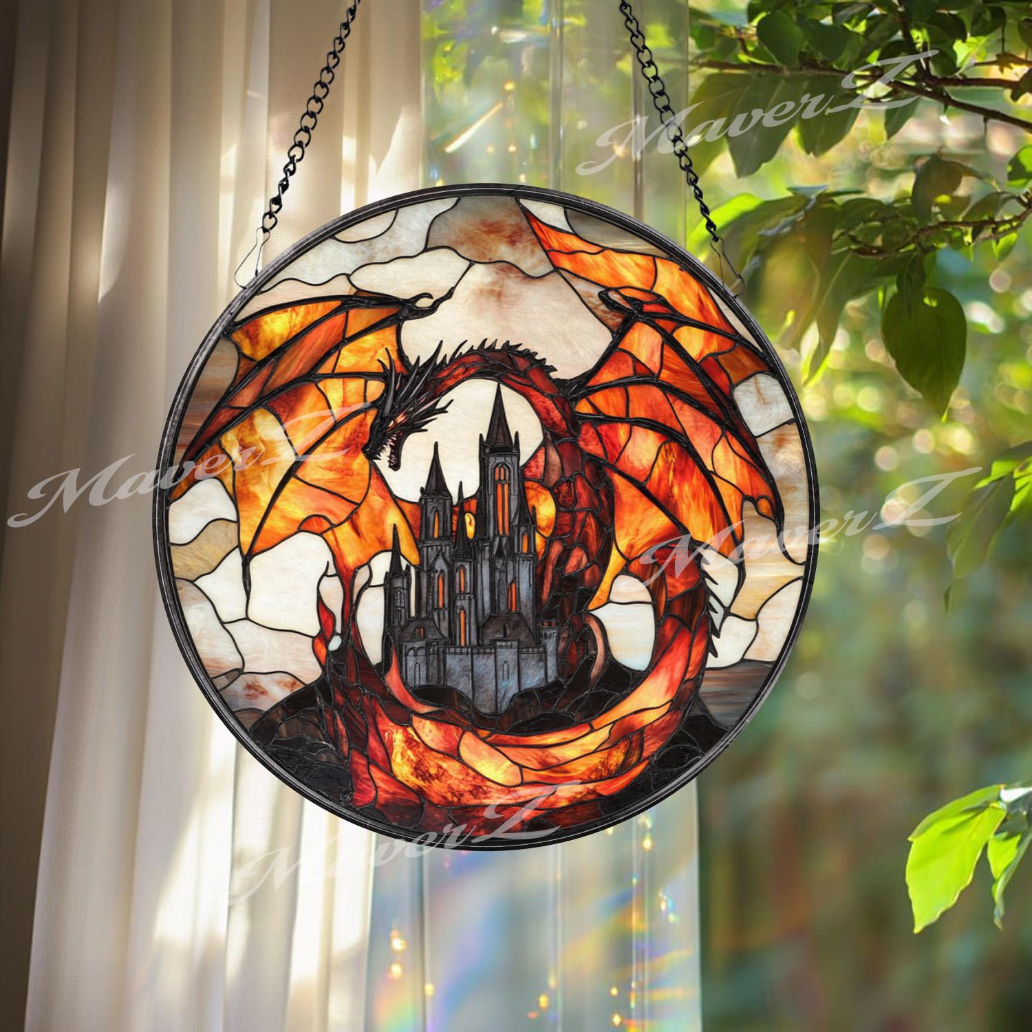 Fiery Dragon Stained Glass Suncatcher with Castle, Gothic Fantasy Window Hanging, Medieval Creature Decor for Dragon Lover Gift