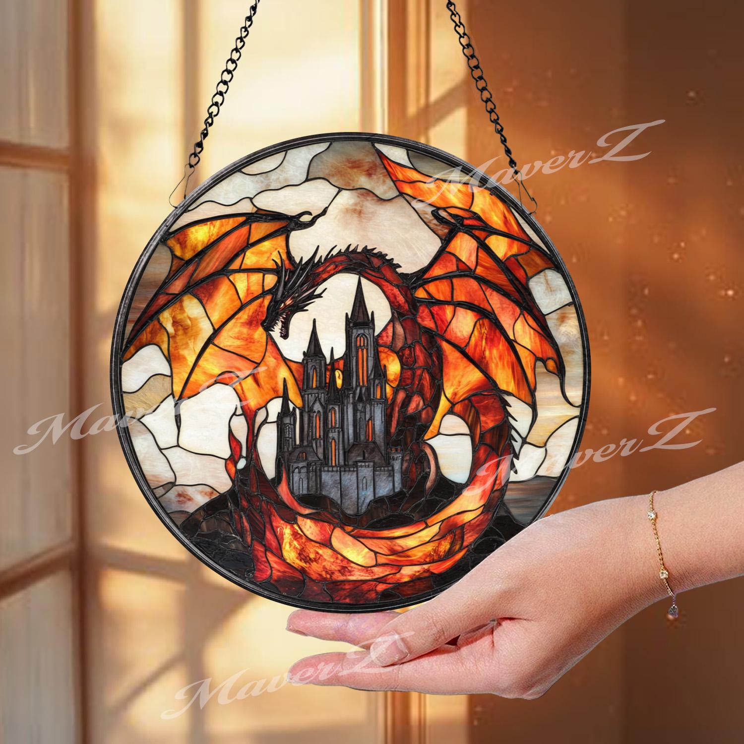 Fiery Dragon Stained Glass Suncatcher with Castle, Gothic Fantasy Window Hanging, Medieval Creature Decor for Dragon Lover Gift