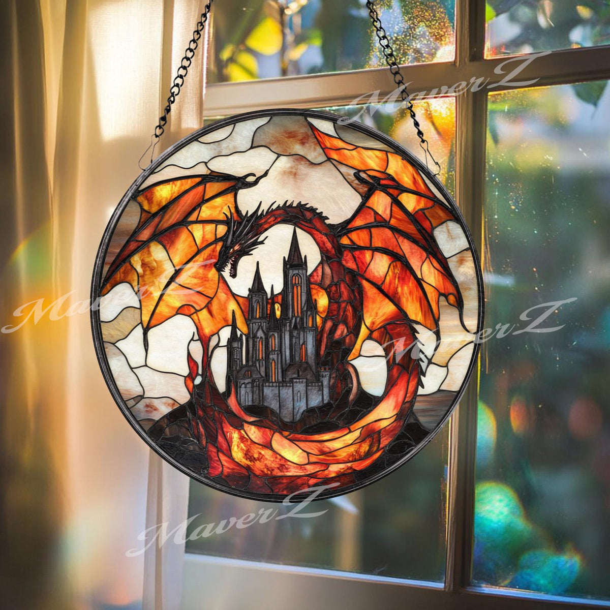 Fiery Dragon Stained Glass Suncatcher with Castle, Gothic Fantasy Window Hanging, Medieval Creature Decor for Dragon Lover Gift