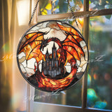 Fiery Dragon Stained Glass Suncatcher with Castle, Gothic Fantasy Window Hanging, Medieval Creature Decor for Dragon Lover Gift