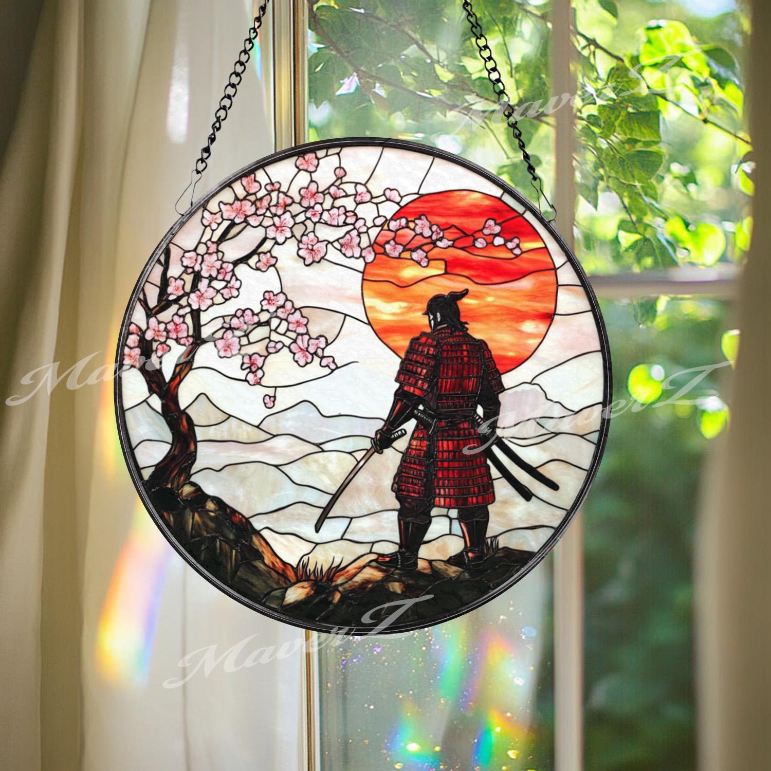 Samurai Warrior Stained Glass Suncatcher with Cherry Blossoms and Red Sunset, Traditional Japanese Window Art, Zen Bushido Decor Gift