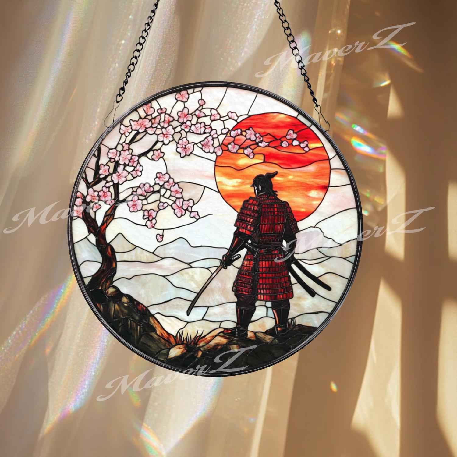 Samurai Warrior Stained Glass Suncatcher with Cherry Blossoms and Red Sunset, Traditional Japanese Window Art, Zen Bushido Decor Gift