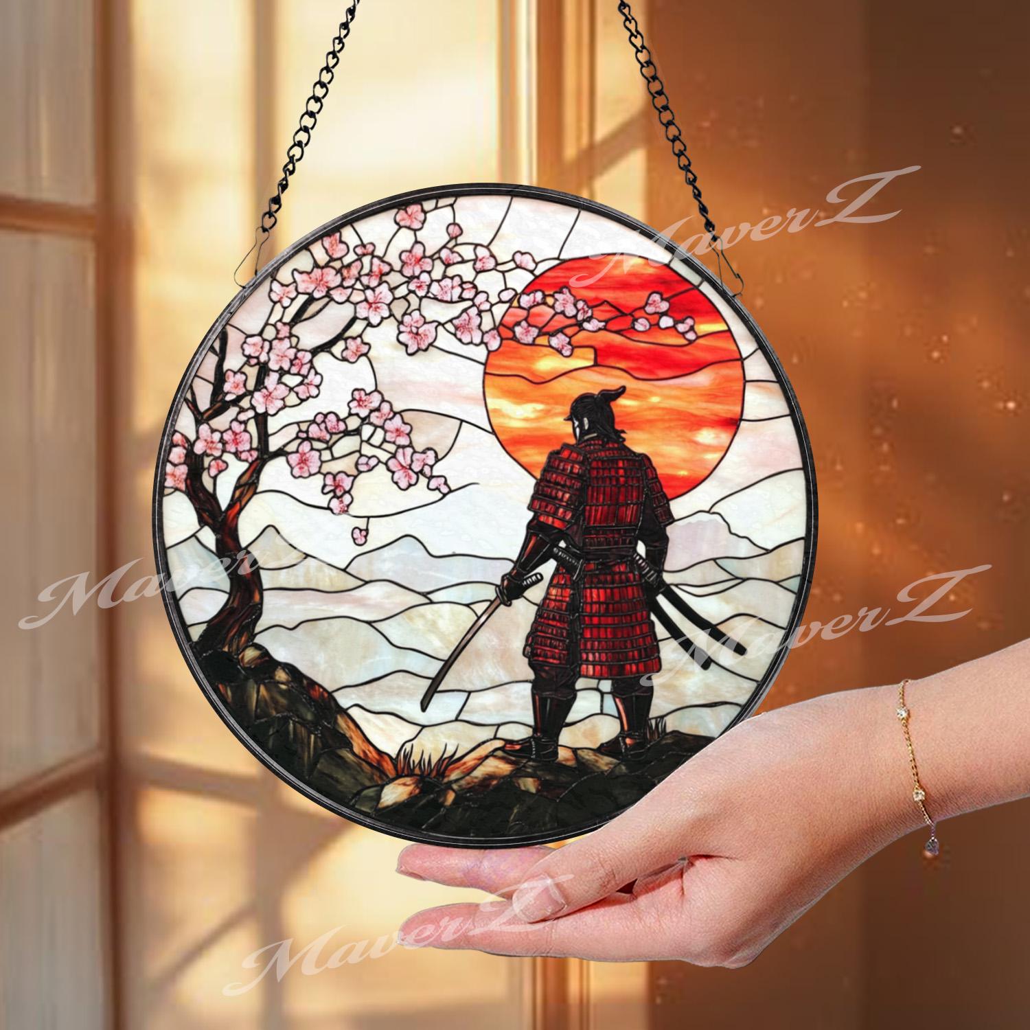 Samurai Warrior Stained Glass Suncatcher with Cherry Blossoms and Red Sunset, Traditional Japanese Window Art, Zen Bushido Decor Gift