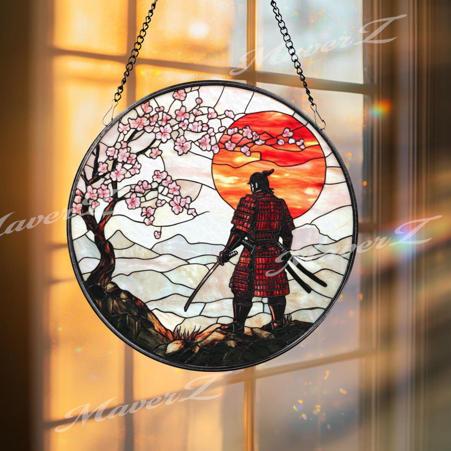 Samurai Warrior Stained Glass Suncatcher with Cherry Blossoms and Red Sunset, Traditional Japanese Window Art, Zen Bushido Decor Gift