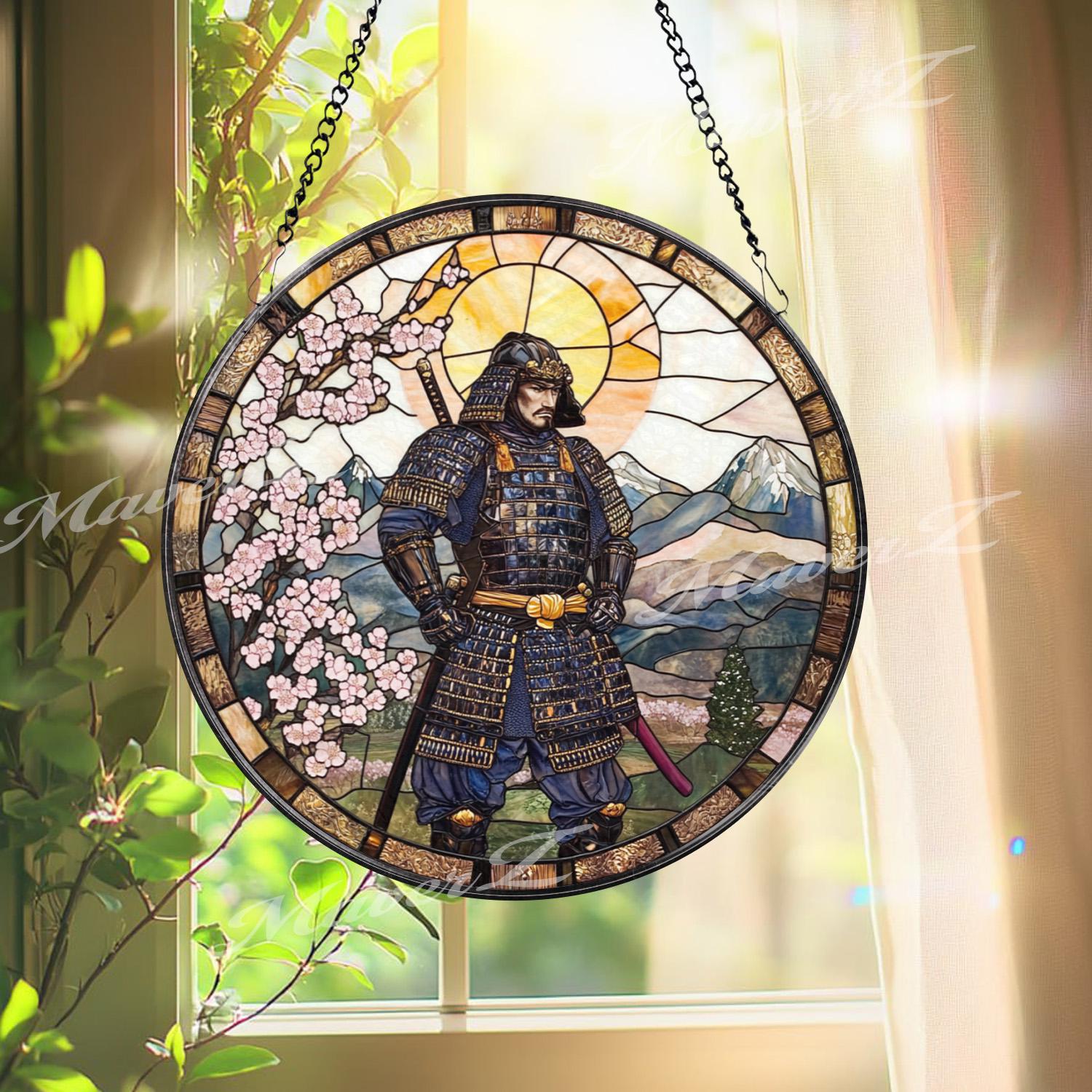 Traditional Japanese Samurai Stained Glass Suncatcher with Cherry Blossoms and Mountains, Warrior Window Art, Zen Home Decor Gift