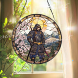 Traditional Japanese Samurai Stained Glass Suncatcher with Cherry Blossoms and Mountains, Warrior Window Art, Zen Home Decor Gift