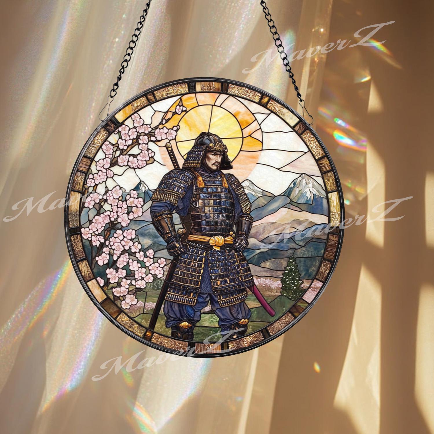 Traditional Japanese Samurai Stained Glass Suncatcher with Cherry Blossoms and Mountains, Warrior Window Art, Zen Home Decor Gift