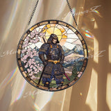 Traditional Japanese Samurai Stained Glass Suncatcher with Cherry Blossoms and Mountains, Warrior Window Art, Zen Home Decor Gift