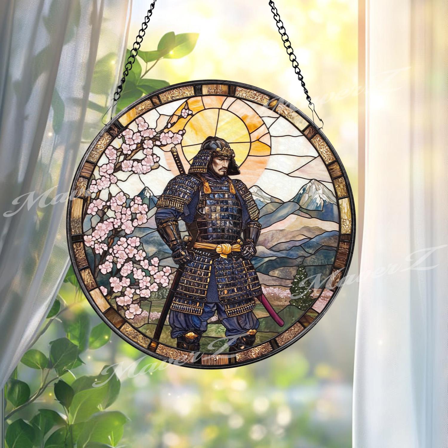Traditional Japanese Samurai Stained Glass Suncatcher with Cherry Blossoms and Mountains, Warrior Window Art, Zen Home Decor Gift