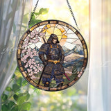 Traditional Japanese Samurai Stained Glass Suncatcher with Cherry Blossoms and Mountains, Warrior Window Art, Zen Home Decor Gift