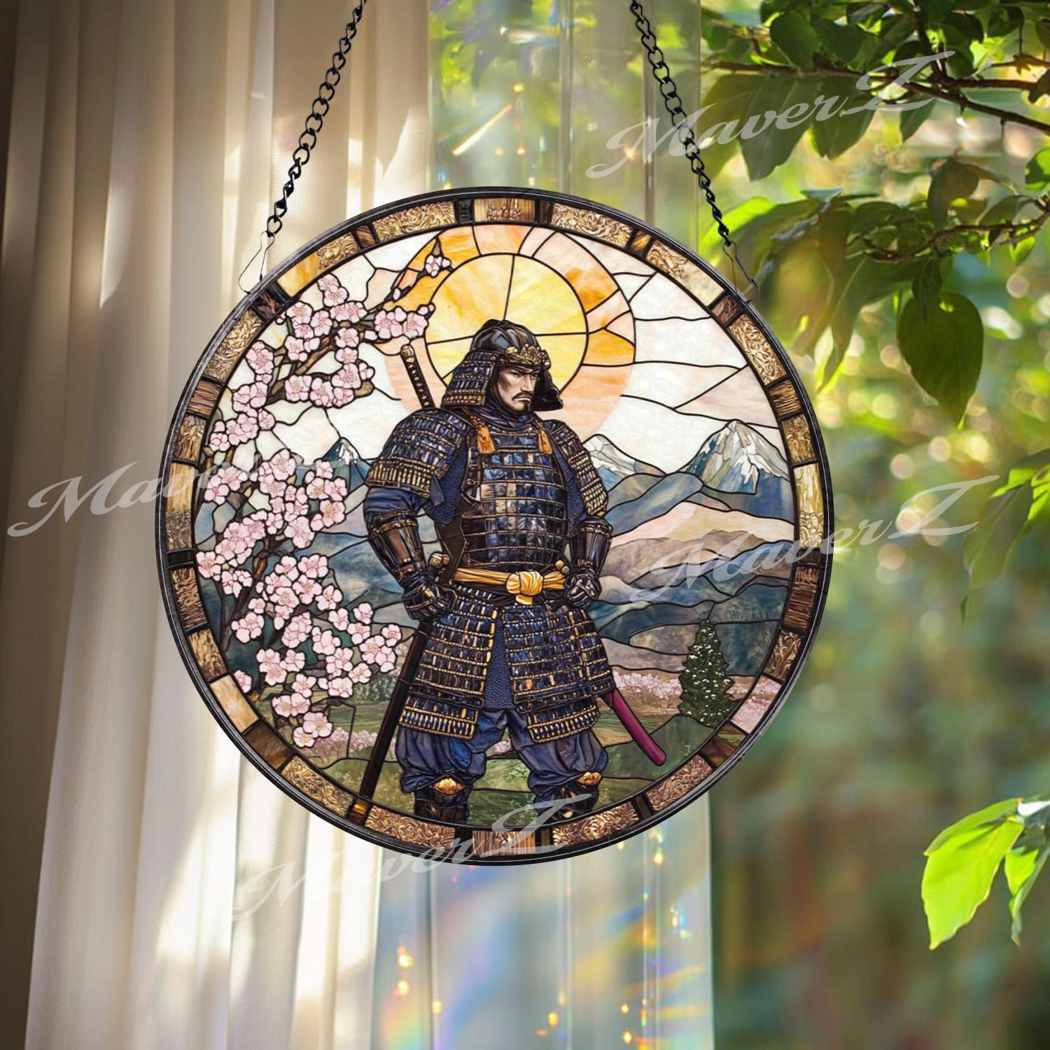 Traditional Japanese Samurai Stained Glass Suncatcher with Cherry Blossoms and Mountains, Warrior Window Art, Zen Home Decor Gift