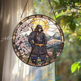 Traditional Japanese Samurai Stained Glass Suncatcher with Cherry Blossoms and Mountains, Warrior Window Art, Zen Home Decor Gift