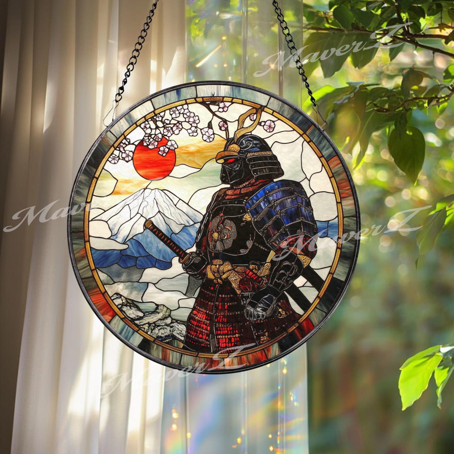 Japanese Samurai Stained Glass Suncatcher with Mount Fuji and Cherry Blossoms, Traditional Warrior Window Hanging Decor Gift