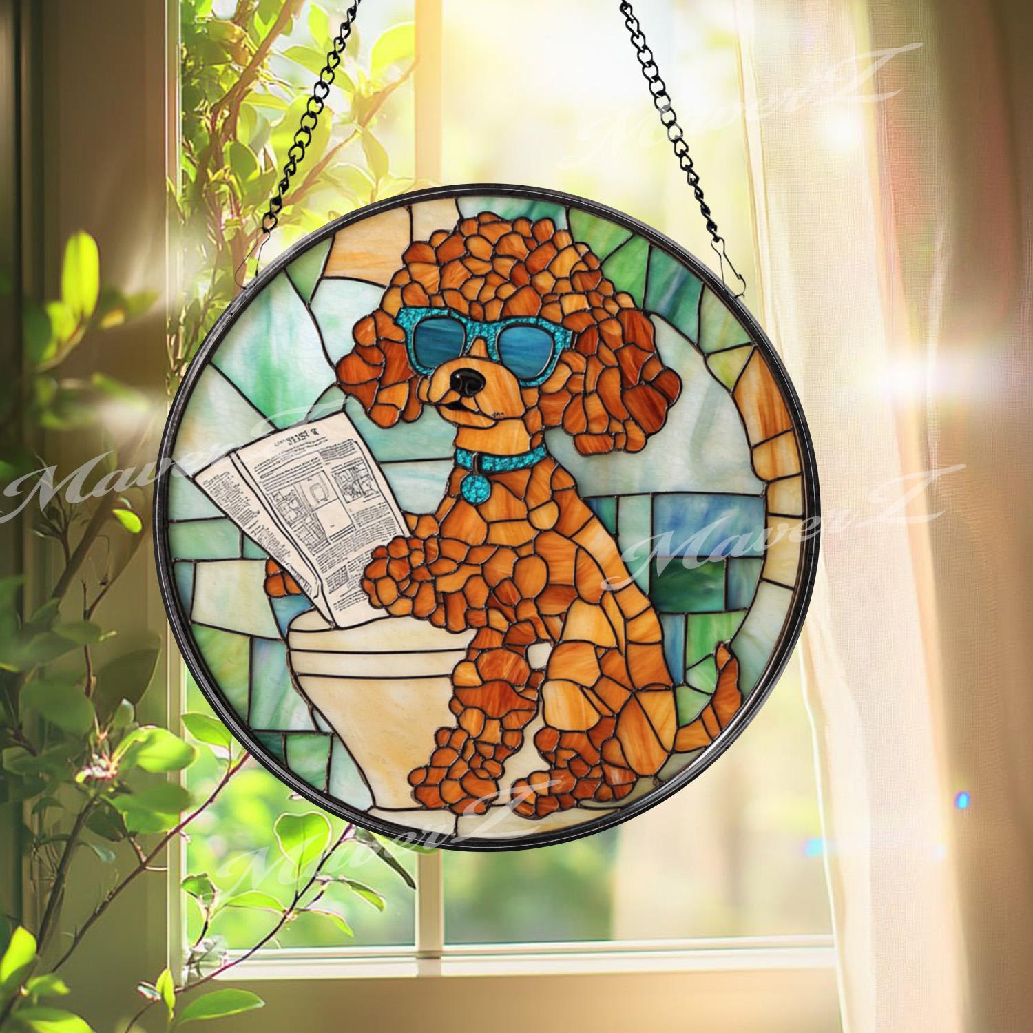 Funny Poodle Bathroom Stained Glass Suncatcher, Dog on Toilet with Newspaper, Humorous Pet Window Hanging Gift for Dog Lovers