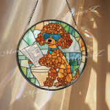 Funny Poodle Bathroom Stained Glass Suncatcher, Dog on Toilet with Newspaper, Humorous Pet Window Hanging Gift for Dog Lovers