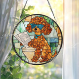 Funny Poodle Bathroom Stained Glass Suncatcher, Dog on Toilet with Newspaper, Humorous Pet Window Hanging Gift for Dog Lovers