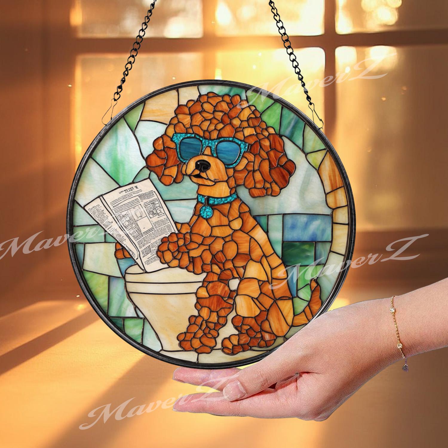 Funny Poodle Bathroom Stained Glass Suncatcher, Dog on Toilet with Newspaper, Humorous Pet Window Hanging Gift for Dog Lovers